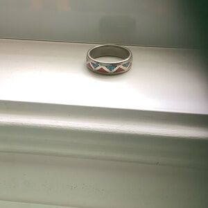 Stylish Silver Ring with Red and Blue Triangles